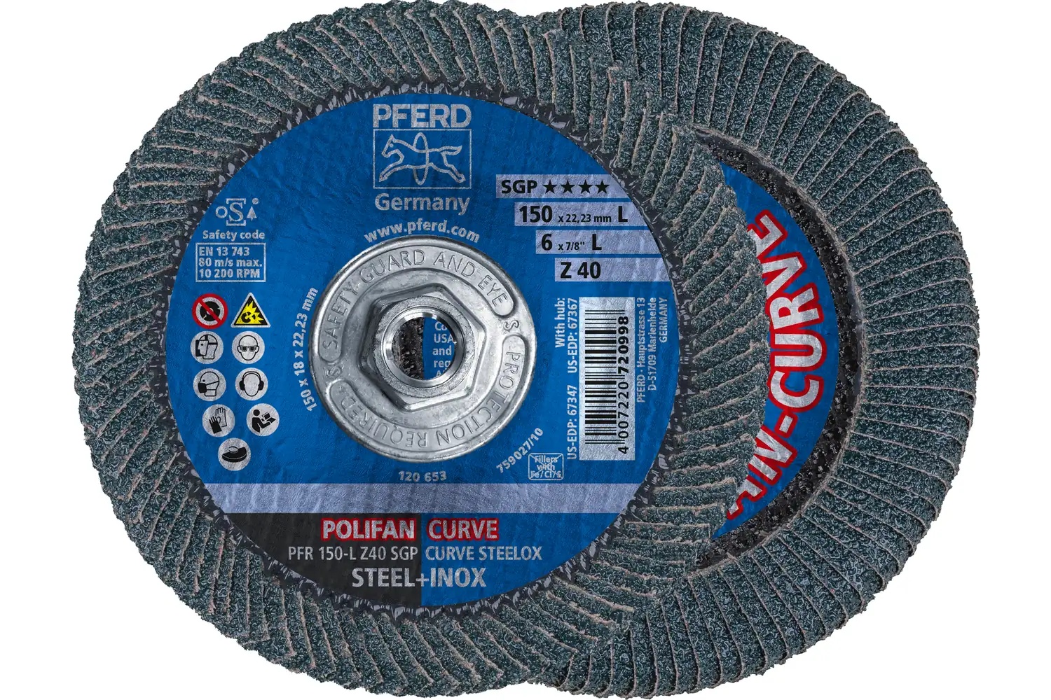 Picture of Pferd Flap Disc, 6" x 5/8-11, Z SGP Curve Steelox, 40 Grit, Large Radius, Zirconia